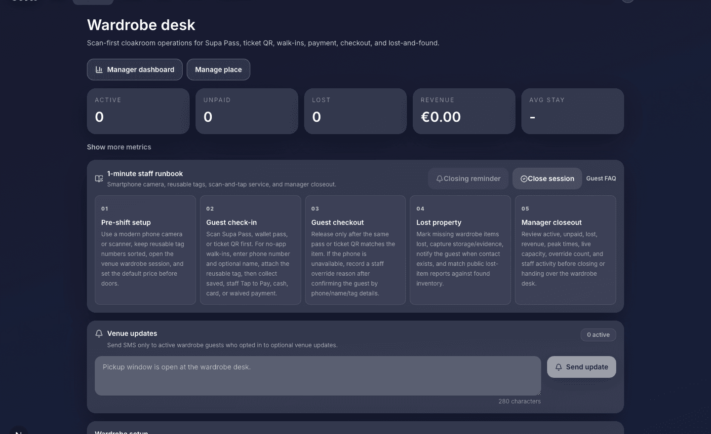 The Supa wardrobe desk interface on a venue device