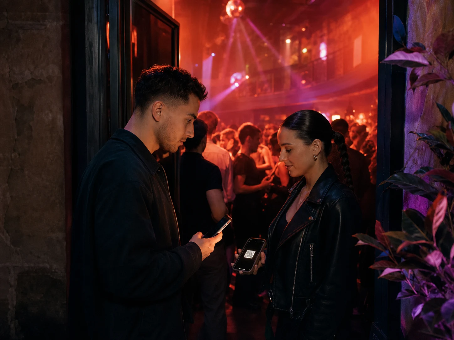 A host scanning a guest into a busy nightclub